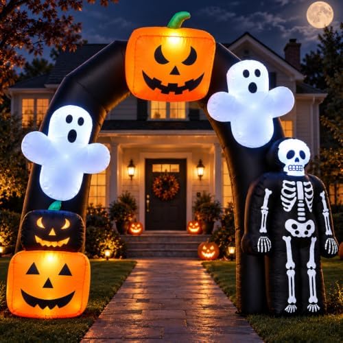 8FT Halloween Inflatable Archway with Pumpkin & Ghost, Built-in LED