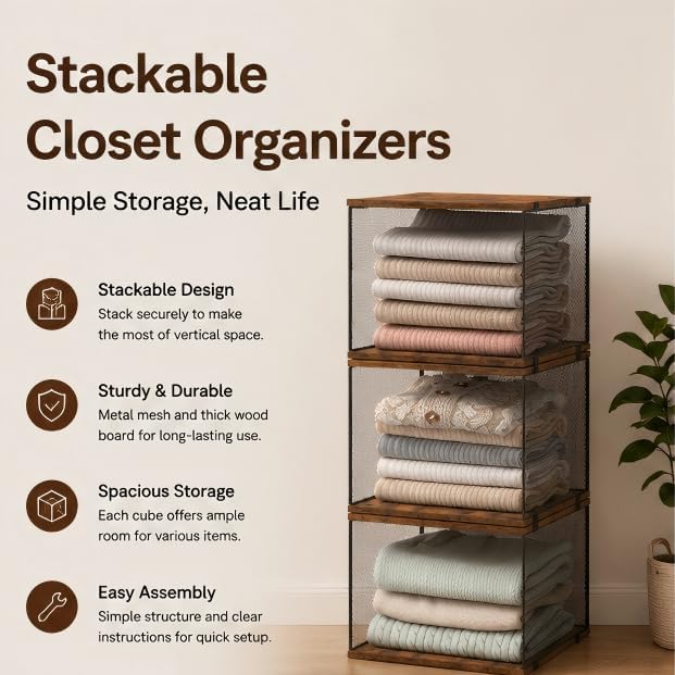 Honkazita 3-Pack Stackable Wire Closet Organizers with Wood Tops