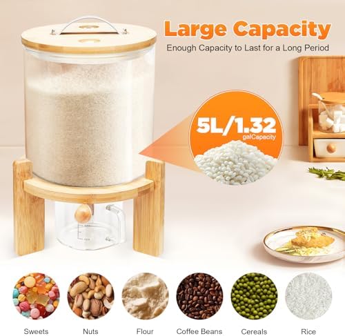 Glass Rice Dispenser, 5L Cereal Dispenser Countertop, 1.32Gal Food Storage Co...