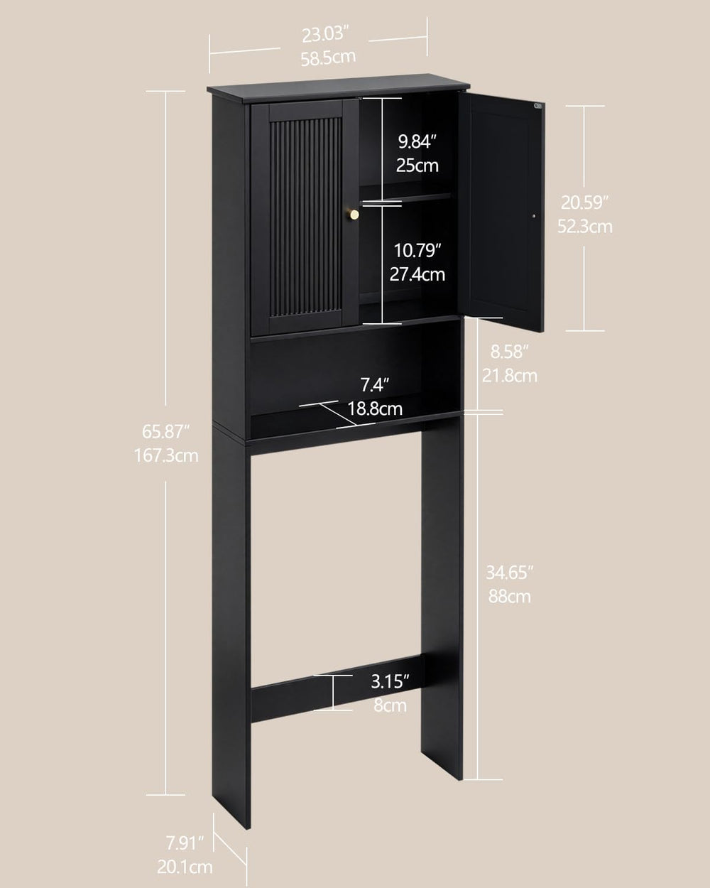 Over the Toilet Storage Cabinet, 2 Fluted Doors, Adjustable Shelf, Black