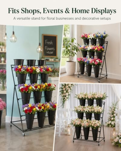 Flower Display Stand with 9 Buckets, 3-Tier Metal Flower Cart with Wheels, He...