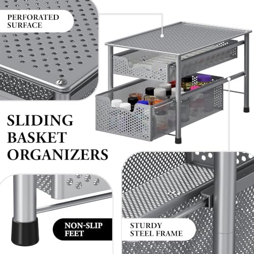 Simple Houseware Stackable 2 Tier Sliding Basket Organizer Drawer, Silver