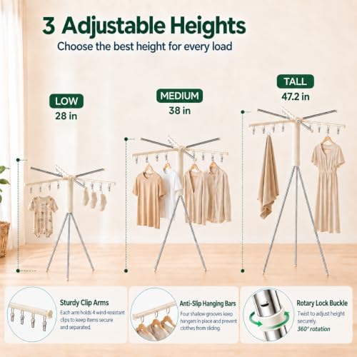 Foldable Tripod Clothes Drying Rack, 6-Pole Stand with 12 Clips