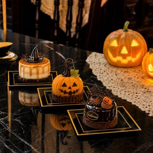 WDF 200PCS Black and Gold Plastic Dessert Plates for Halloween Parties