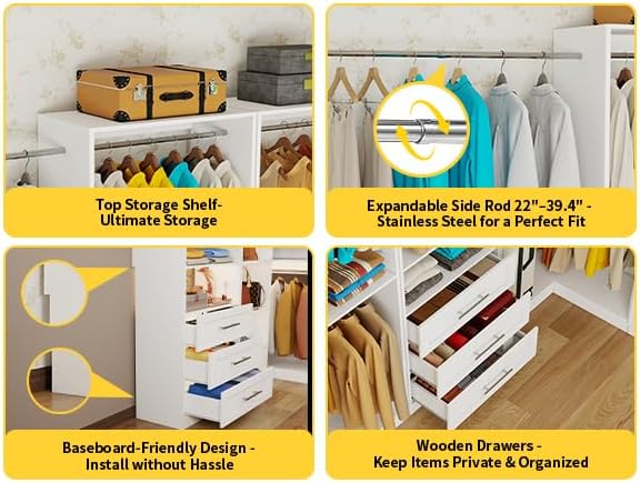 Closet System with 3 Drawers, Corner Closet Organizer System with 5 Hanging R...