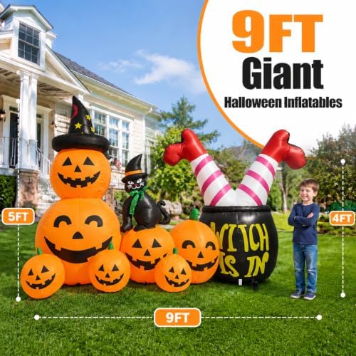 9FT Giant Halloween Inflatables Pumpkins with Witch Outdoor Decorations, Blow...