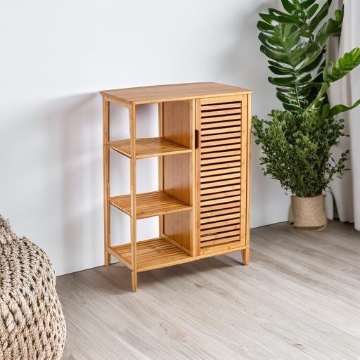 Tangkula Bamboo Bathroom Floor Cabinet, Storage Cabinet with Shutter Door and...