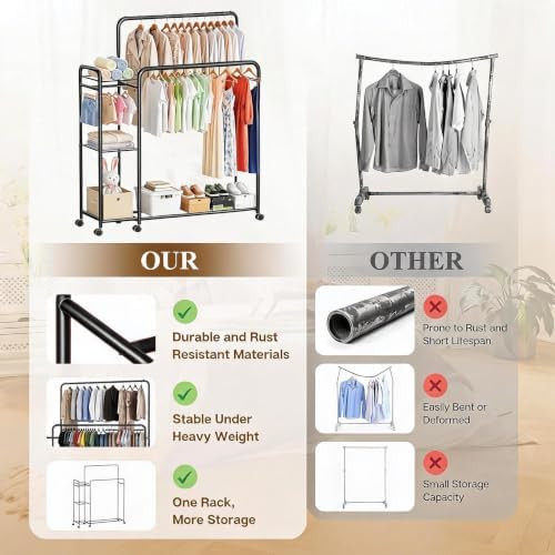 Heavy Duty Clothes Rack with Wheels, Double Rod Clothing Rack with Storage Sh...