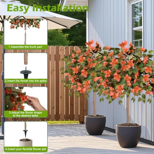 2PCS Fall Tree 4FT Artificial Bougainvillea Tree with Ground Spike UV Resista...