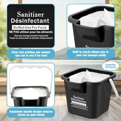 Vesici 6 Set 3 Quart Cleaning Bucket with Cloths Small Sanitizing, Black