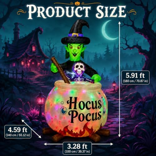 6 FT Halloween Inflatable Witch and Cauldron with RGB Lighted Halloween Blow ...
