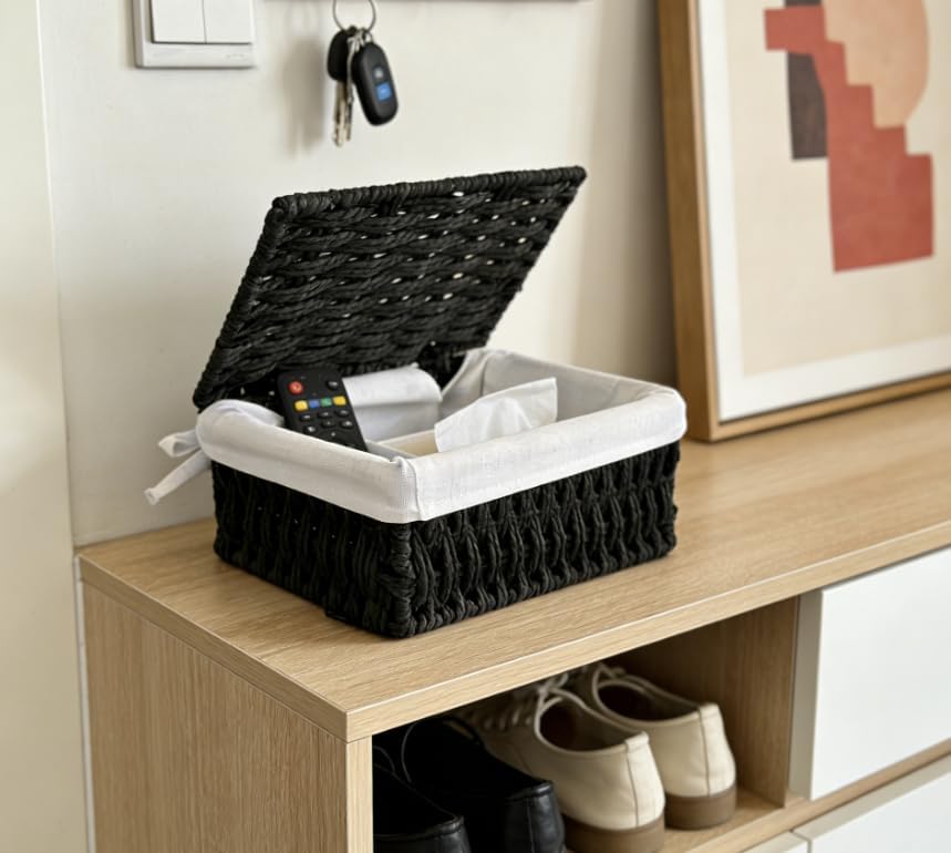 Woven Basket with Lid, Set of 3 Nesting Baskets - Black