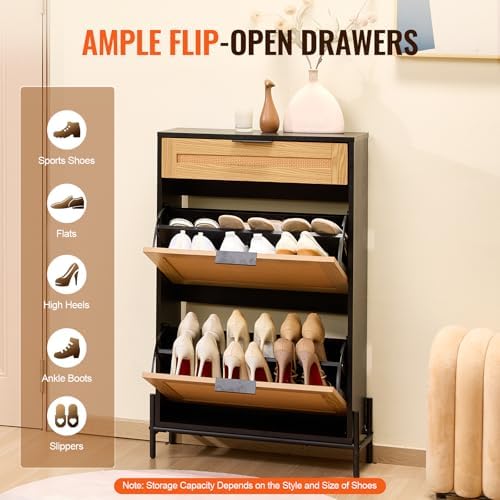 VEVOR Rattan Shoe Cabinet, Narrow Shoe Storage Organizer with 2 Flip Rattan D...