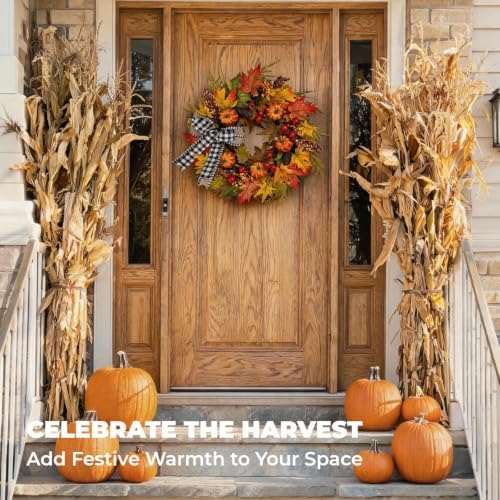 24" Fall Maple Leaf Wreath for Front Door with Buffalo Check Bow - Rusti...