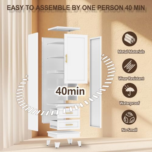 67" Tall Metal Pantry Cabinet, Narrow Freestanding Storage Cabinet, White