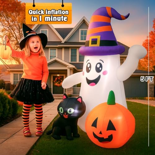 5 FT Halloween Inflatables, Cute Ghost with Pumpkin Black Cat Blow Up