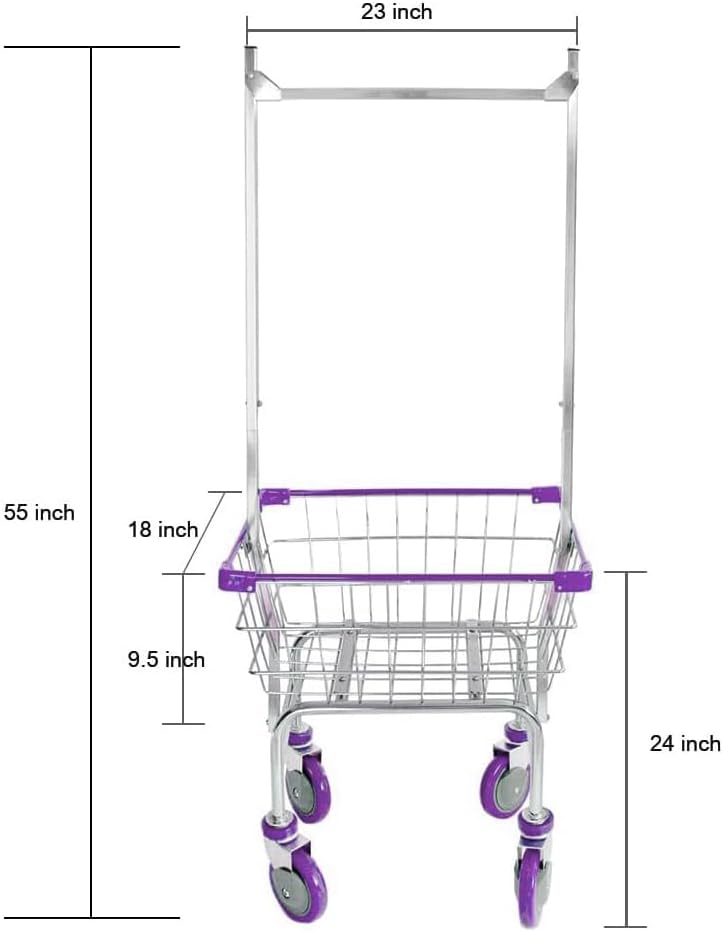Laundry Cart Grey Powder Coated with Double Pole Rack, 1.5-Bu (Red, Black, Bl...