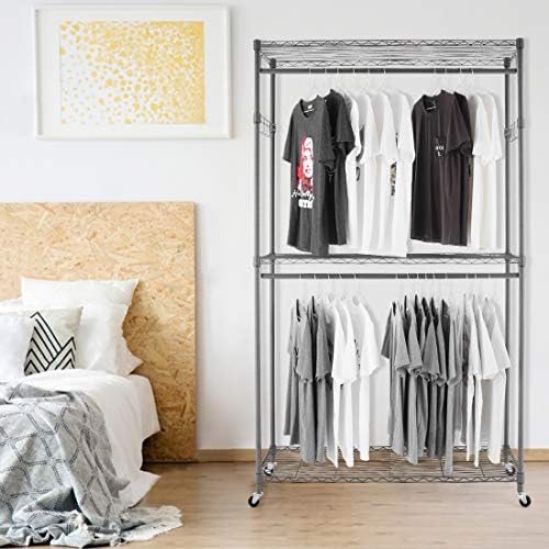Homdox Garment Rolling Rack Clothing Rack with Double Clothes Rods and Lockab...
