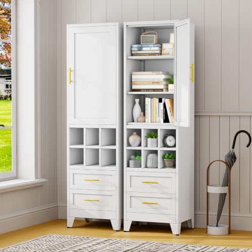 67" Tall Metal Pantry Cabinet, Narrow Freestanding Storage Cabinet, White