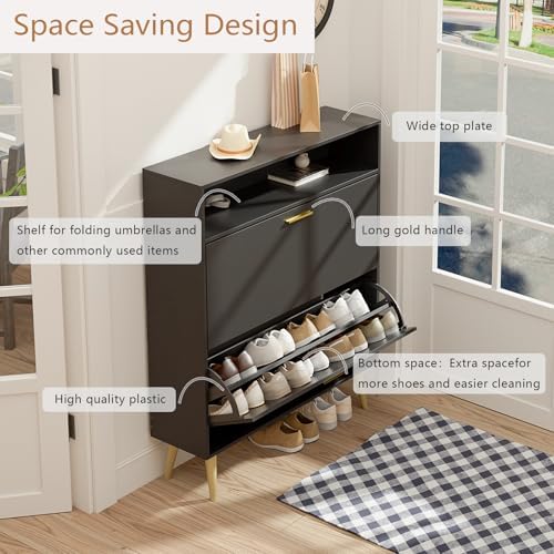 LYNSOM Entryway Shoe Cabinet Set of 2 with 2 Flip Drawers and Open Storage, B...