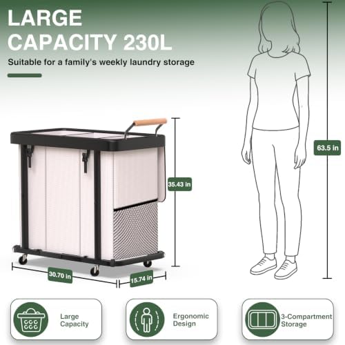 Laundry Hamper 3 Section,Rolling Laundry Basket with Wheels and Lid,White