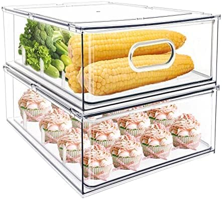 MineSign 2Pack Stackable Fridge Drawers Pull-Out Bins Divided Produce Saver