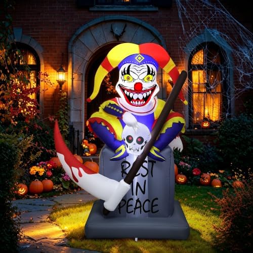 Lulu Home 6FT Halloween Inflatable Tombstone with Clown, White LED Lighted
