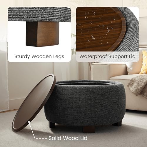 VKNOW 30 Inch Fabric Round Storage Ottoman with Wood Lift-Off Lid, Black