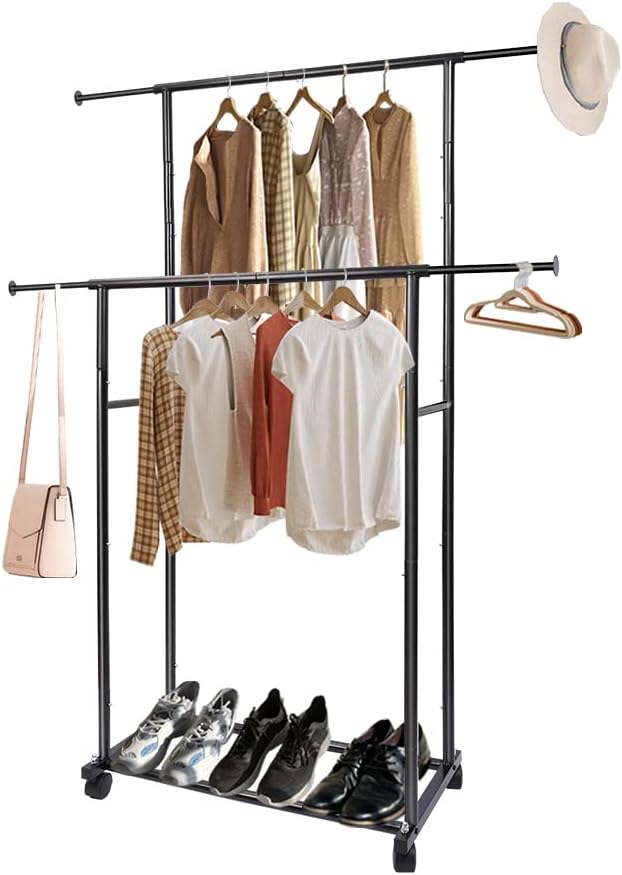 Black 48" W x 15" D x 65.5" H Double Rod Metal Rolling Clothes...