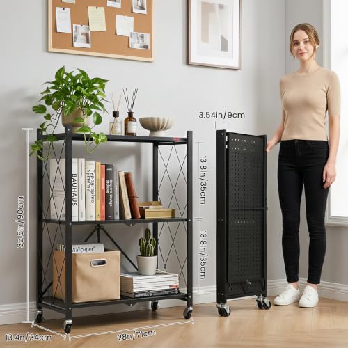 DEANIC 3 Tier Foldable Storage Shelves with Wheels, Kitchen Appliance Stand, ...