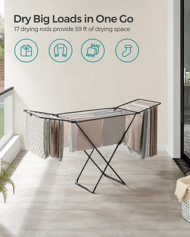 SONGMICS Clothes Drying Rack, Foldable, Heavy Duty, 2 Gullwings