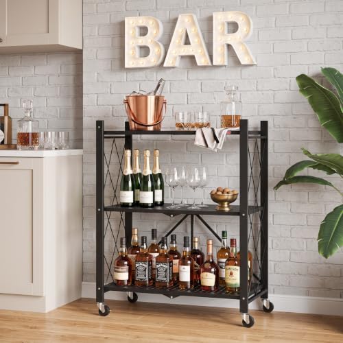 DEANIC 3 Tier Foldable Storage Shelves with Wheels, Kitchen Appliance Stand, ...