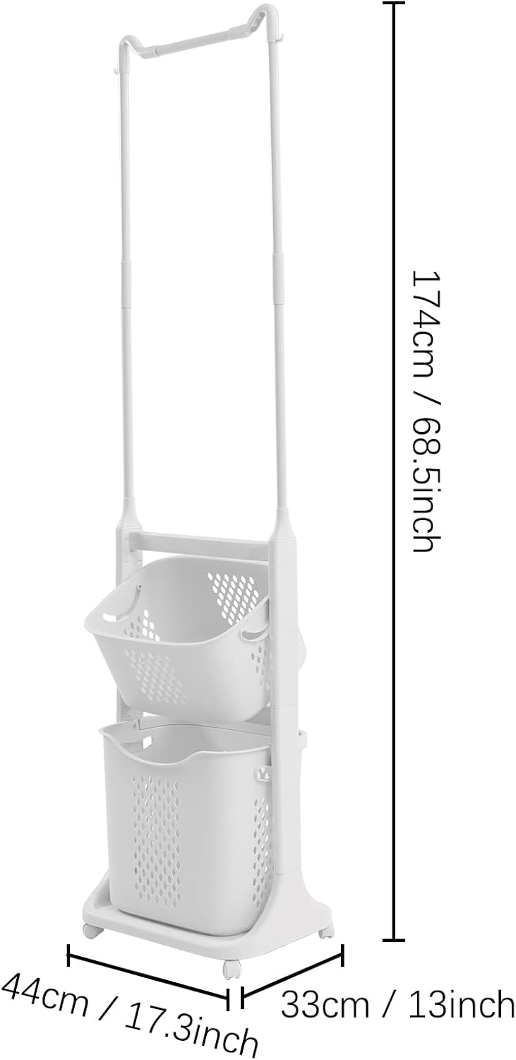 Rolling Laundry Hamper Cart with Wheels and Hanging Bar, 2 Tier Rolling Laund...