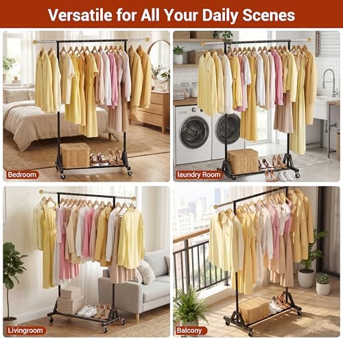 Rolling Garment Rack - Retractable Clothes Rack with Hanging Rods, Lockable W...