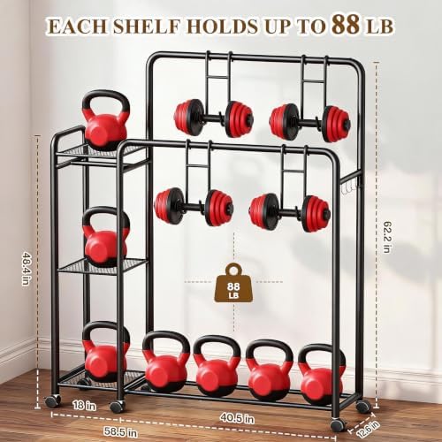 Heavy Duty Clothes Rack with Wheels, Double Rod Clothing Rack with Storage Sh...
