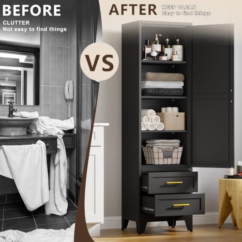 67" Tall Narrow Metal Storage Cabinet, Freestanding Pantry Organizer, Black