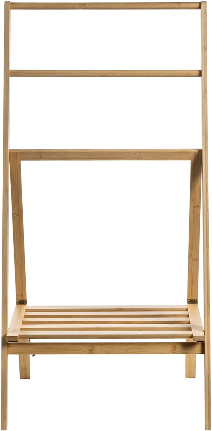 MyGift 3 Tier Bamboo Towel Rack with Shelf, Foldable Freestanding Stand