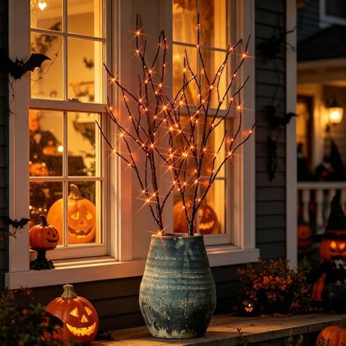 Hairui Lighted Halloween Tree Branches with Timer 32IN 100L Orange Fairy Ligh...
