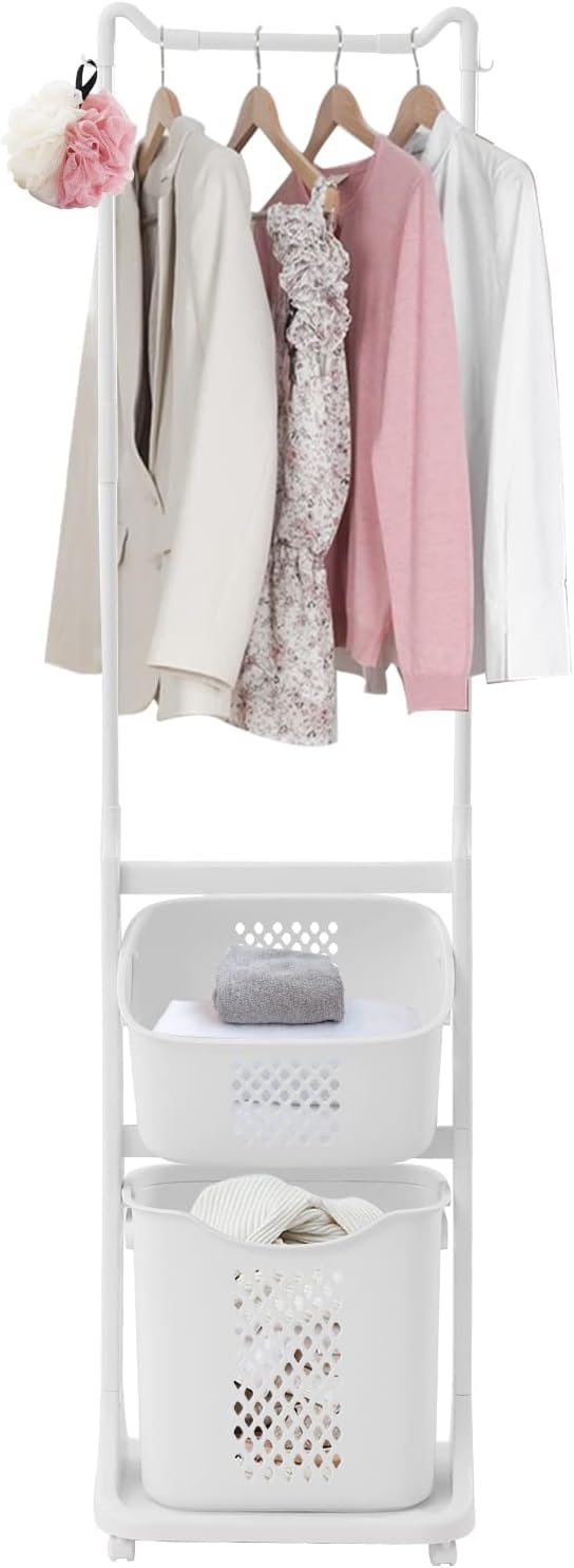 Rolling Laundry Hamper Cart with Wheels and Hanging Bar, 2 Tier Rolling Laund...