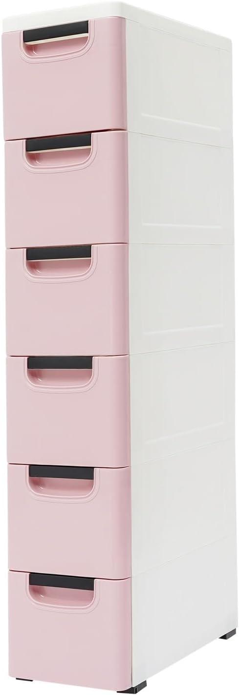 6 Drawers Narrow Slim Plastic Storage Cabinet,Storage Drawer with Wheels,6 Ti...