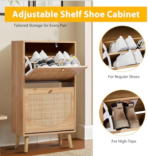 Karl home Natural Rattan Shoe Cabinet, 2 Flip Drawer Entryway Organizer