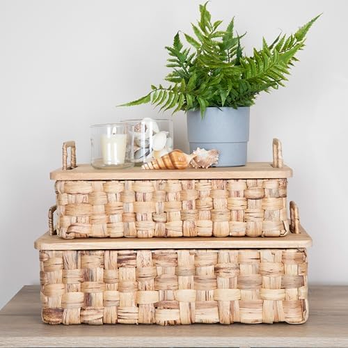 Household Essentials Stackable Hyacinth Baskets with Oak Lids, Natural, Set of 2
