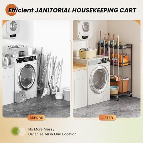 Broom Holder with Cleaning Supplies Organizer, Broom Closet Storage Cabinet w...