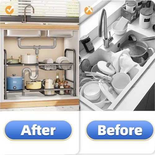 Under Sink Organizer,2 Tier Expandable Heavy Duty Metal Shelf,with 5 Removabl...