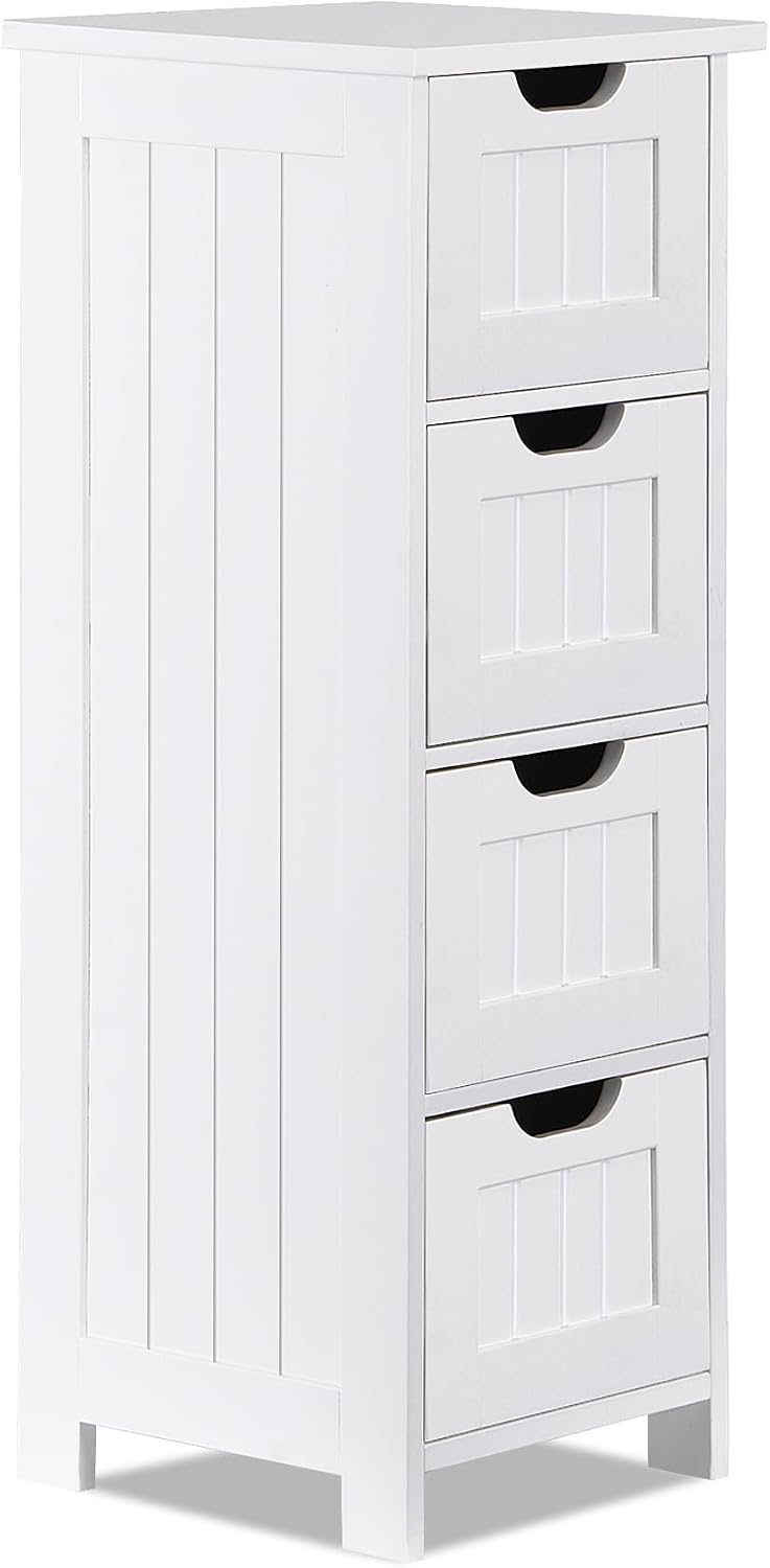 Bathroom Floor Storage Cabinet, Freestanding Wooden Side Organizer w/4 Drawer...