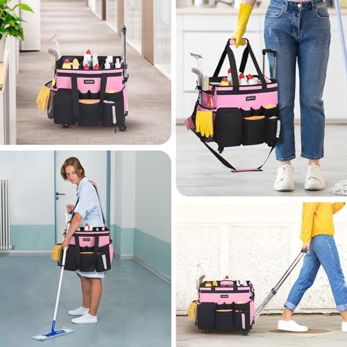 JKAOO Large Rolling Cleaning Caddy Bag with Detachable Trolley, Pink
