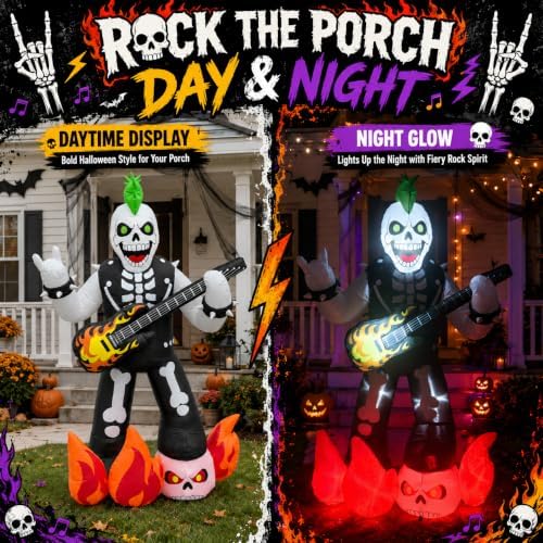 6.2FT Halloween Rock Music Skeleton Inflatable with LED Flame Guitar Decor