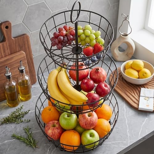 HANZE 3-Tier Wire Fruit Basket Bowl, Detachable Vegetable Bread Basket Displa...