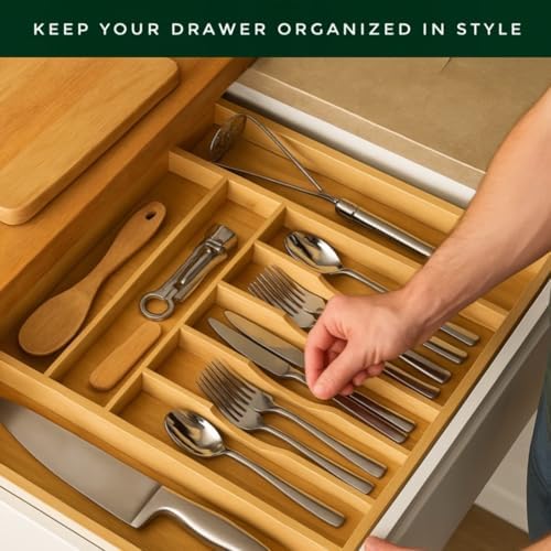 Bamboo Drawer Organizer โ Expandable 9 Slot Silverware & Utensil Tray for...