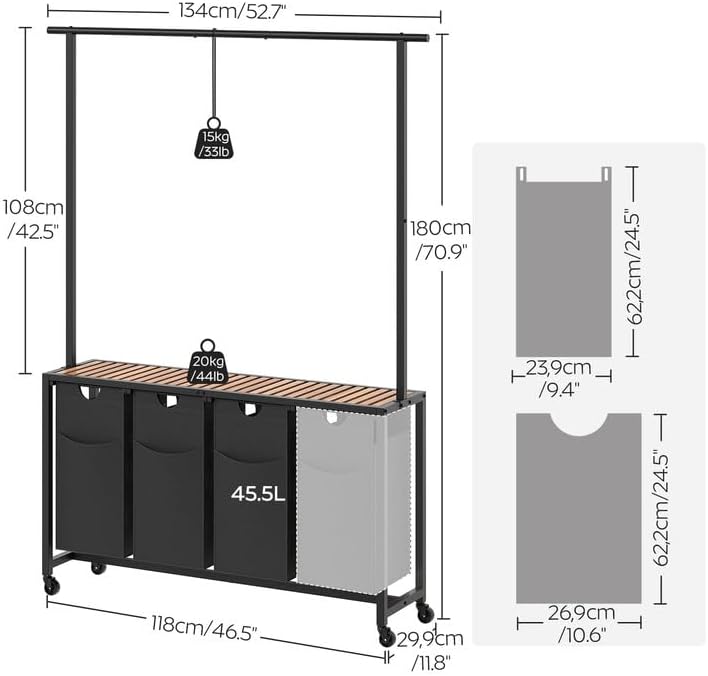 YATINEY Laundry Sorter 4 Section, Rolling Laundry Hamper with Hanging Rack, L...